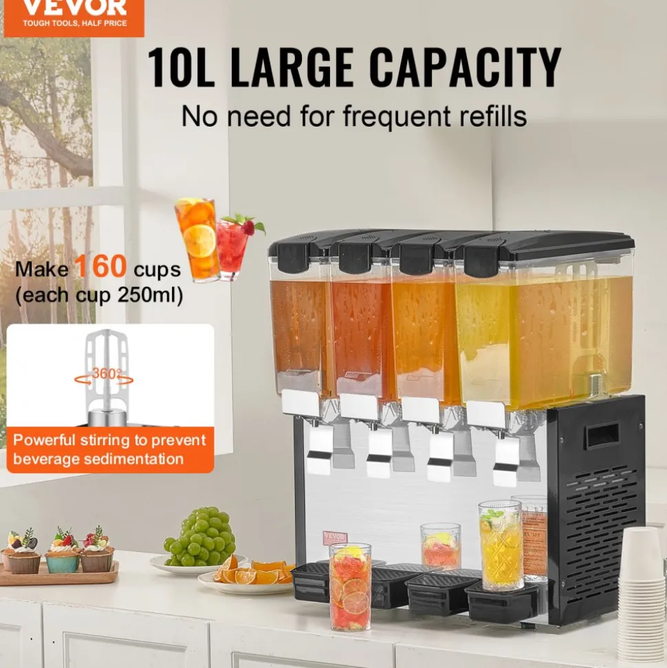 VEVOR Commercial Beverage Dispenser 3 Tanks 10 L / 10.6 QT Per Tank, Stainless Steel Juice Dispenser, Ice Tea Drink Machine with 45℉ to 54℉ Cooling Temperature, for Cold Drink Restaurant Bar Party