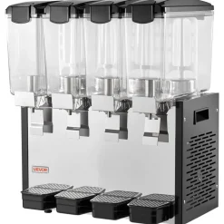 VEVOR Commercial Beverage Dispenser 4 Tanks 10 L / 10.6 QT Per Tank, Stainless Steel Juice Dispenser, Ice Tea Drink Machine with 45℉ to 54℉ Cooling Temperature, for Cold Drink Restaurant Bar Party
