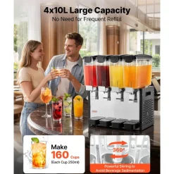 VEVOR Commercial Beverage Dispenser 4 Tanks 10 L / 10.6 QT Per Tank, Stainless Steel Juice Dispenser, Ice Tea Drink Machine with 45℉ to 54℉ Cooling Temperature, for Cold Drink Restaurant Bar Party