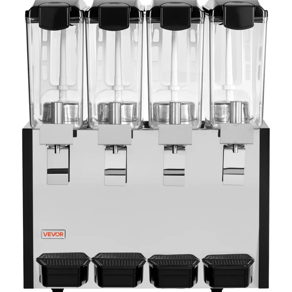 VEVOR Commercial Beverage Dispenser 4 Tanks 10 L / 10.6 QT Per Tank, Stainless Steel Juice Dispenser, Ice Tea Drink Machine with 45℉ to 54℉ Cooling Temperature, for Cold Drink Restaurant Bar Party