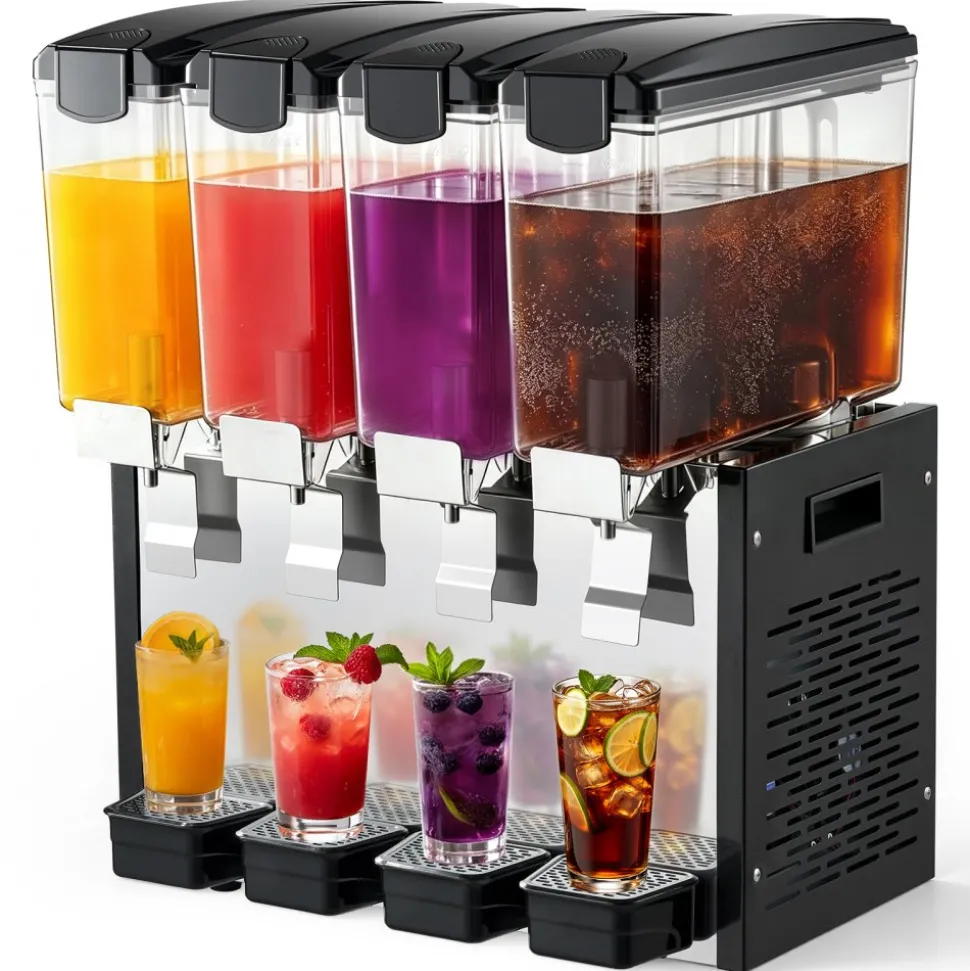 VEVOR Commercial Beverage Dispenser 4 Tanks 10 L / 10.6 QT Per Tank, Stainless Steel Juice Dispenser, Ice Tea Drink Machine with 45℉ to 54℉ Cooling Temperature, for Cold Drink Restaurant Bar Party