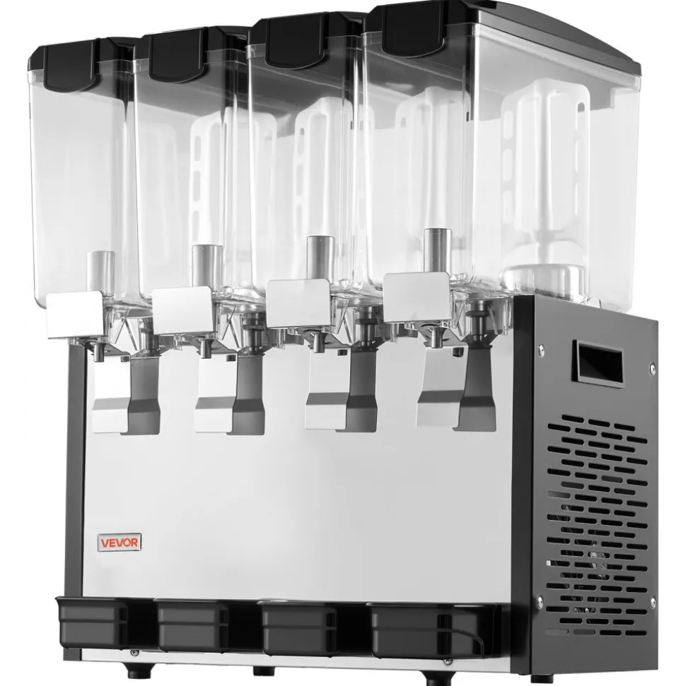 VEVOR Commercial Beverage Dispenser 4 Tanks 10 L / 10.6 QT Per Tank, Stainless Steel Juice Dispenser, Ice Tea Drink Machine with 45℉ to 54℉ Cooling Temperature, for Cold Drink Restaurant Bar Party