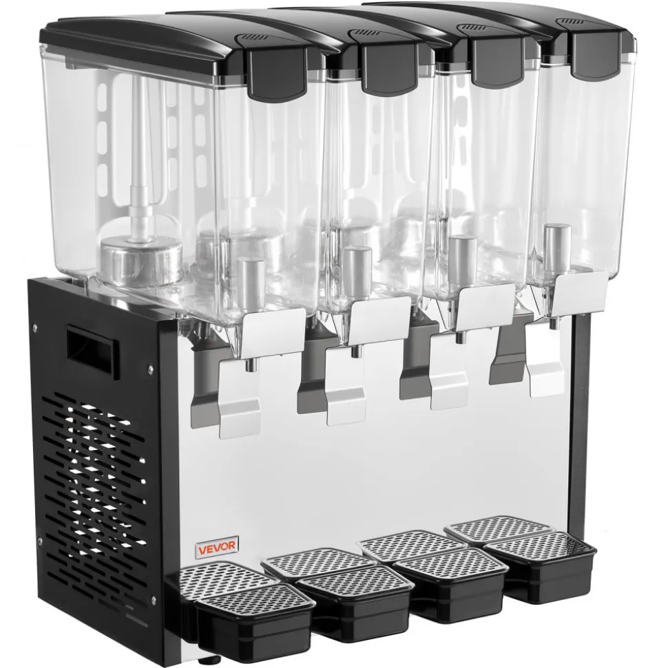 VEVOR Commercial Beverage Dispenser 4 Tanks 10 L / 10.6 QT Per Tank, Stainless Steel Juice Dispenser, Ice Tea Drink Machine with 45℉ to 54℉ Cooling Temperature, for Cold Drink Restaurant Bar Party
