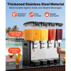 VEVOR Commercial Beverage Dispenser 4 Tanks 10 L / 10.6 QT Per Tank, Stainless Steel Juice Dispenser, Ice Tea Drink Machine with 45℉ to 54℉ Cooling Temperature, for Cold Drink Restaurant Bar Party