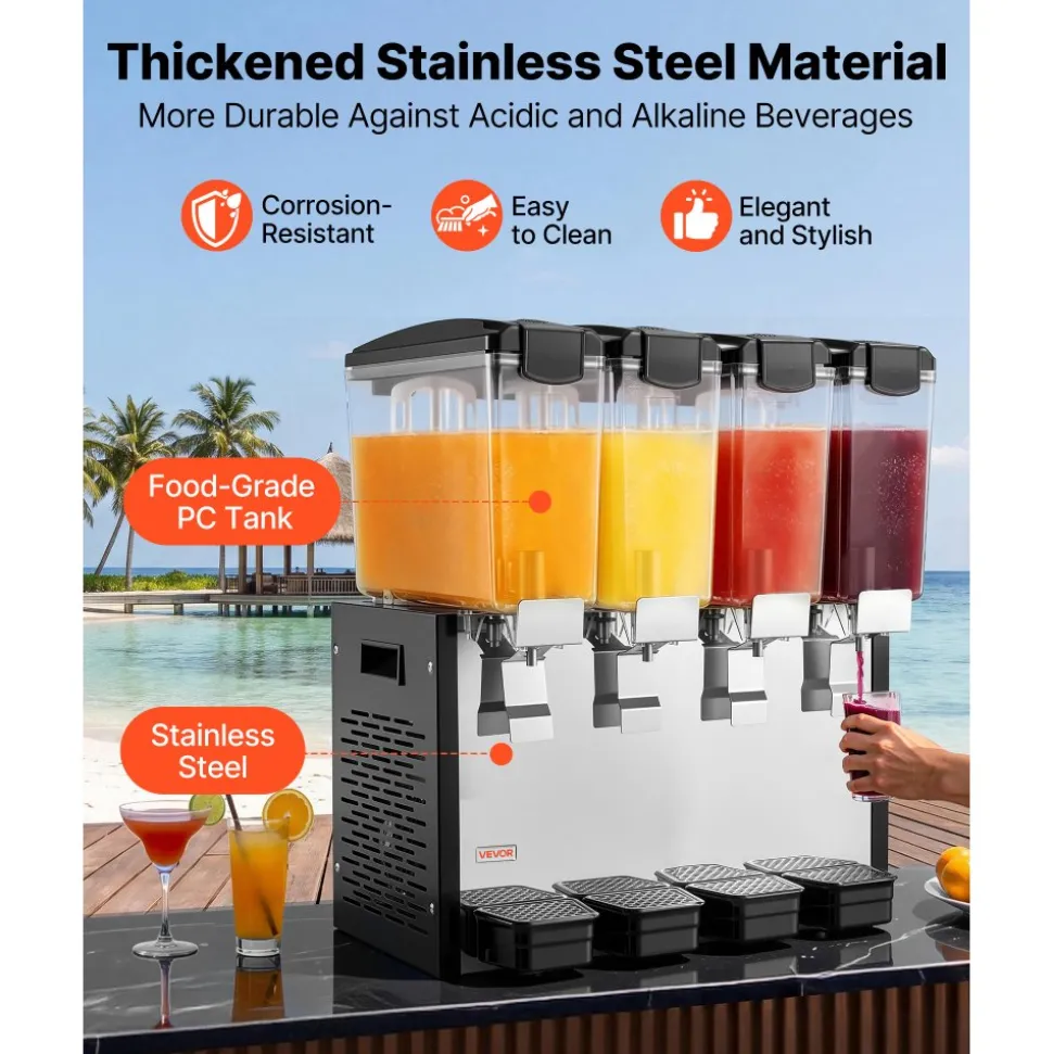 VEVOR Commercial Beverage Dispenser 4 Tanks 10 L / 10.6 QT Per Tank, Stainless Steel Juice Dispenser, Ice Tea Drink Machine with 45℉ to 54℉ Cooling Temperature, for Cold Drink Restaurant Bar Party