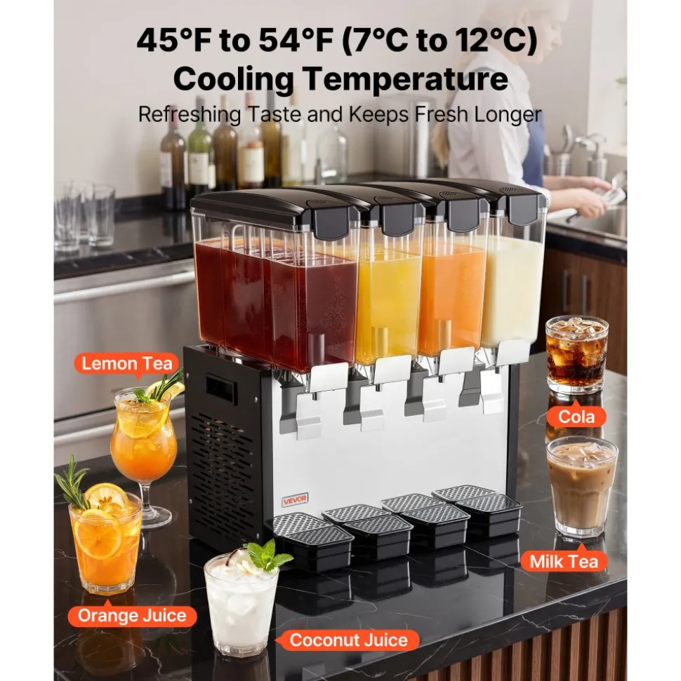 VEVOR Commercial Beverage Dispenser 4 Tanks 10 L / 10.6 QT Per Tank, Stainless Steel Juice Dispenser, Ice Tea Drink Machine with 45℉ to 54℉ Cooling Temperature, for Cold Drink Restaurant Bar Party