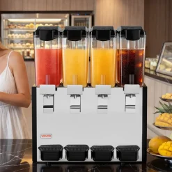 VEVOR Commercial Beverage Dispenser 4 Tanks 10 L / 10.6 QT Per Tank, Stainless Steel Juice Dispenser, Ice Tea Drink Machine with 45℉ to 54℉ Cooling Temperature, for Cold Drink Restaurant Bar Party