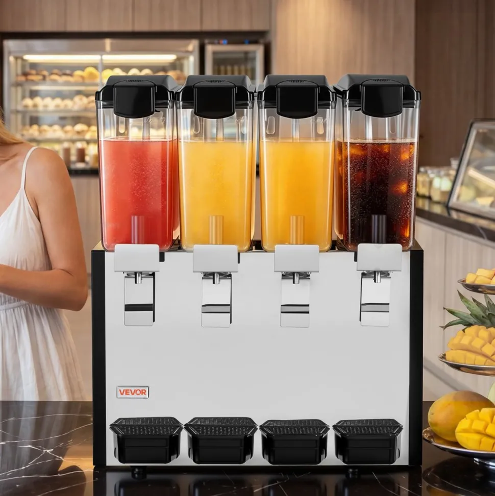 VEVOR Commercial Beverage Dispenser 4 Tanks 10 L / 10.6 QT Per Tank, Stainless Steel Juice Dispenser, Ice Tea Drink Machine with 45℉ to 54℉ Cooling Temperature, for Cold Drink Restaurant Bar Party