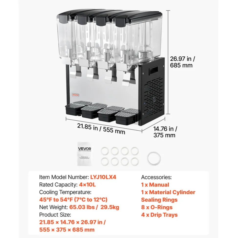 VEVOR Commercial Beverage Dispenser 4 Tanks 10 L / 10.6 QT Per Tank, Stainless Steel Juice Dispenser, Ice Tea Drink Machine with 45℉ to 54℉ Cooling Temperature, for Cold Drink Restaurant Bar Party