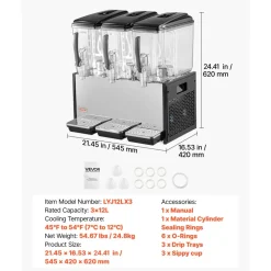 VEVOR Commercial Beverage Dispenser 3 Tanks 12 L / 12.7 QT Per Tank, Stainless Steel Juice Dispenser, Ice Tea Drink Machine with 45℉ to 54℉ Cooling Temperature, for Cold Drink Restaurant Bar Party