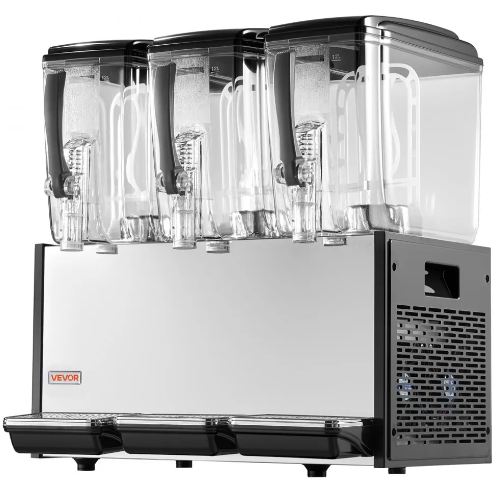VEVOR Commercial Beverage Dispenser 3 Tanks 12 L / 12.7 QT Per Tank, Stainless Steel Juice Dispenser, Ice Tea Drink Machine with 45℉ to 54℉ Cooling Temperature, for Cold Drink Restaurant Bar Party