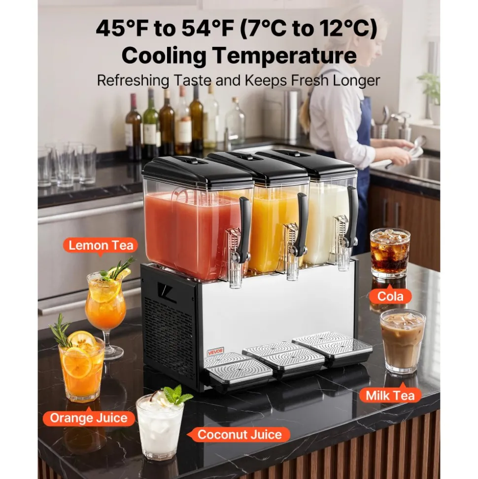 VEVOR Commercial Beverage Dispenser 3 Tanks 12 L / 12.7 QT Per Tank, Stainless Steel Juice Dispenser, Ice Tea Drink Machine with 45℉ to 54℉ Cooling Temperature, for Cold Drink Restaurant Bar Party