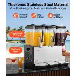 VEVOR Commercial Beverage Dispenser 3 Tanks 12 L / 12.7 QT Per Tank, Stainless Steel Juice Dispenser, Ice Tea Drink Machine with 45℉ to 54℉ Cooling Temperature, for Cold Drink Restaurant Bar Party