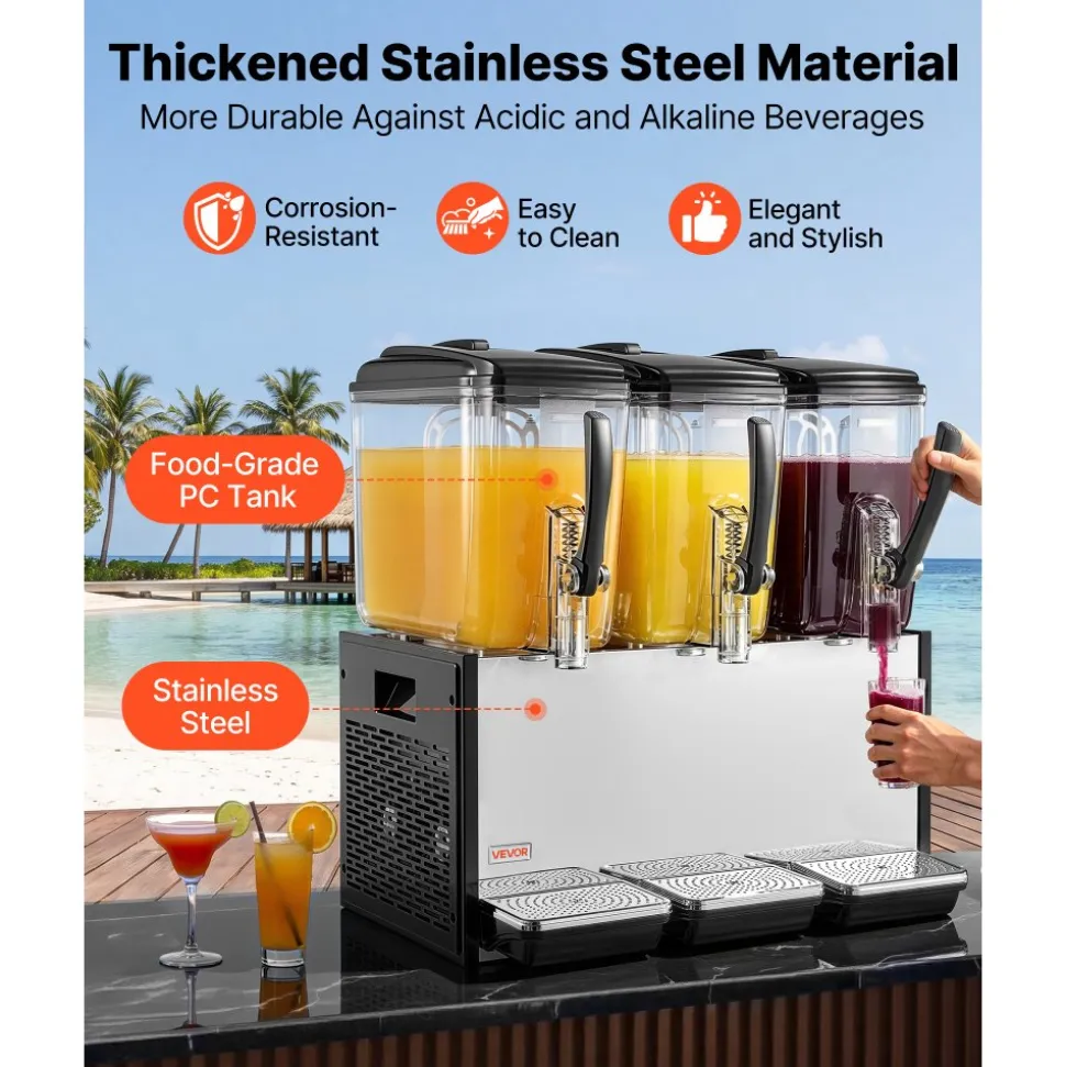 VEVOR Commercial Beverage Dispenser 3 Tanks 12 L / 12.7 QT Per Tank, Stainless Steel Juice Dispenser, Ice Tea Drink Machine with 45℉ to 54℉ Cooling Temperature, for Cold Drink Restaurant Bar Party