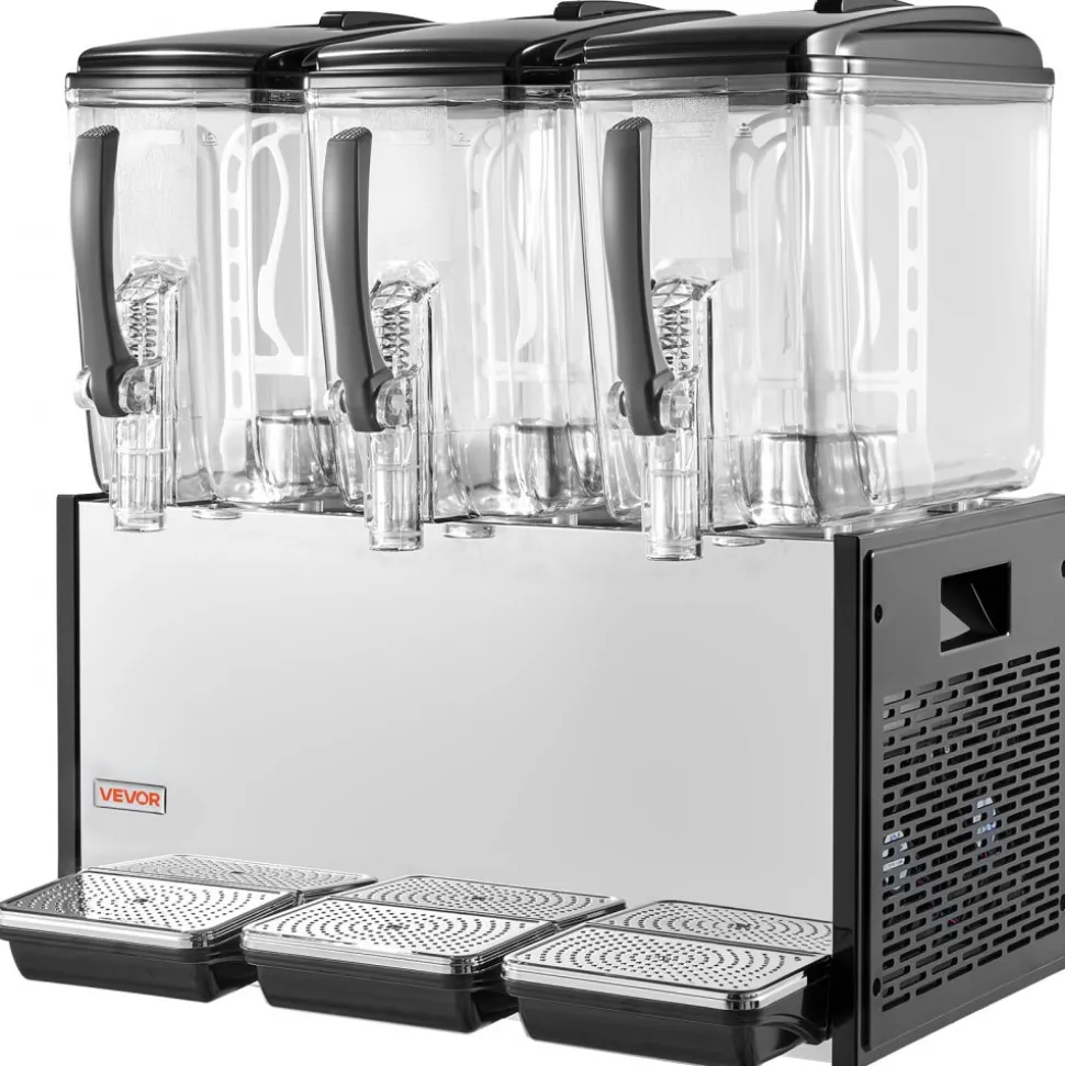 VEVOR Commercial Beverage Dispenser 3 Tanks 12 L / 12.7 QT Per Tank, Stainless Steel Juice Dispenser, Ice Tea Drink Machine with 45℉ to 54℉ Cooling Temperature, for Cold Drink Restaurant Bar Party