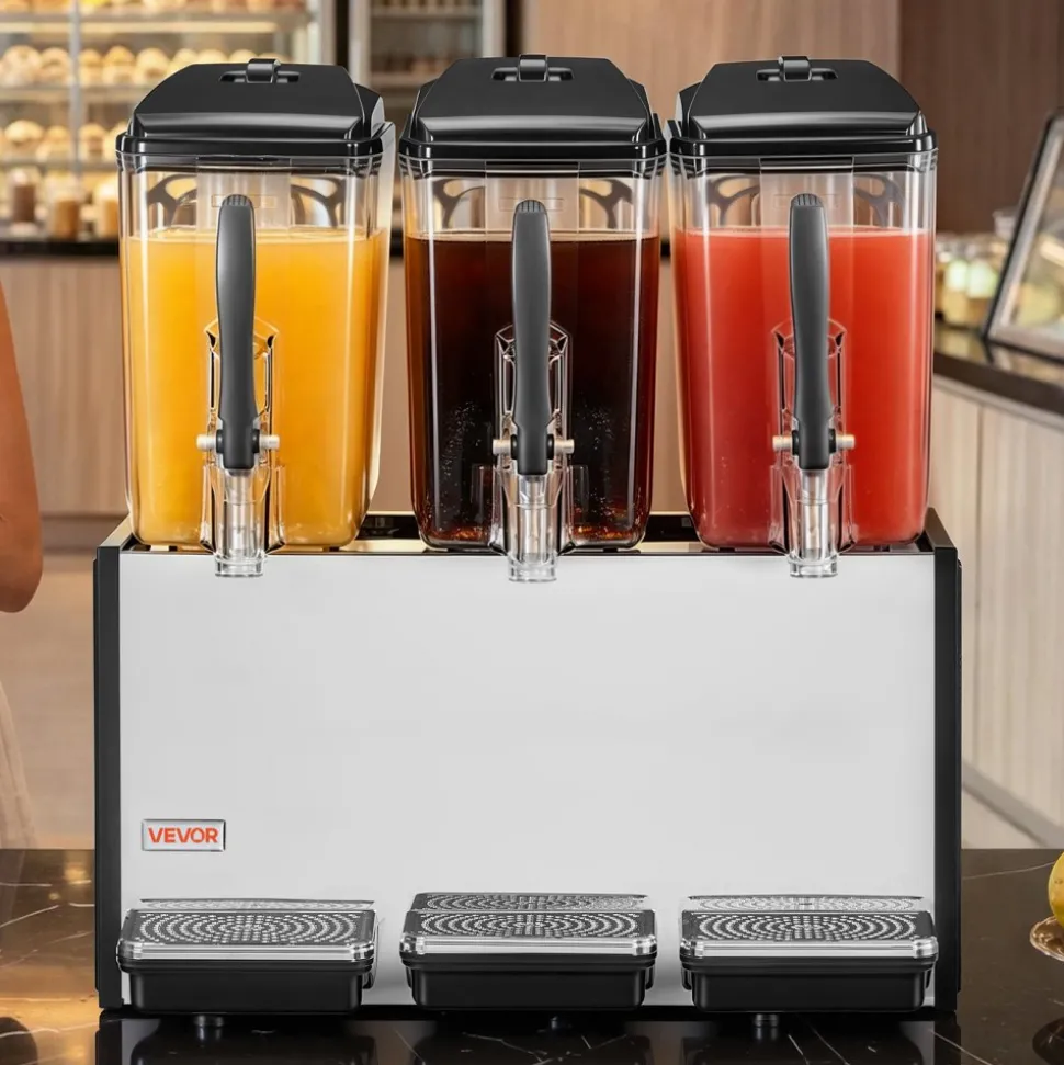 VEVOR Commercial Beverage Dispenser 3 Tanks 12 L / 12.7 QT Per Tank, Stainless Steel Juice Dispenser, Ice Tea Drink Machine with 45℉ to 54℉ Cooling Temperature, for Cold Drink Restaurant Bar Party