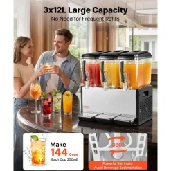 VEVOR Commercial Beverage Dispenser 3 Tanks 12 L / 12.7 QT Per Tank, Stainless Steel Juice Dispenser, Ice Tea Drink Machine with 45℉ to 54℉ Cooling Temperature, for Cold Drink Restaurant Bar Party