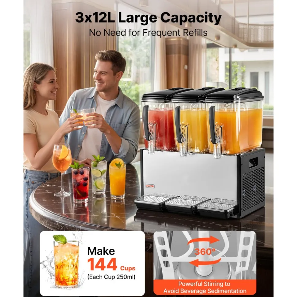 VEVOR Commercial Beverage Dispenser 3 Tanks 12 L / 12.7 QT Per Tank, Stainless Steel Juice Dispenser, Ice Tea Drink Machine with 45℉ to 54℉ Cooling Temperature, for Cold Drink Restaurant Bar Party
