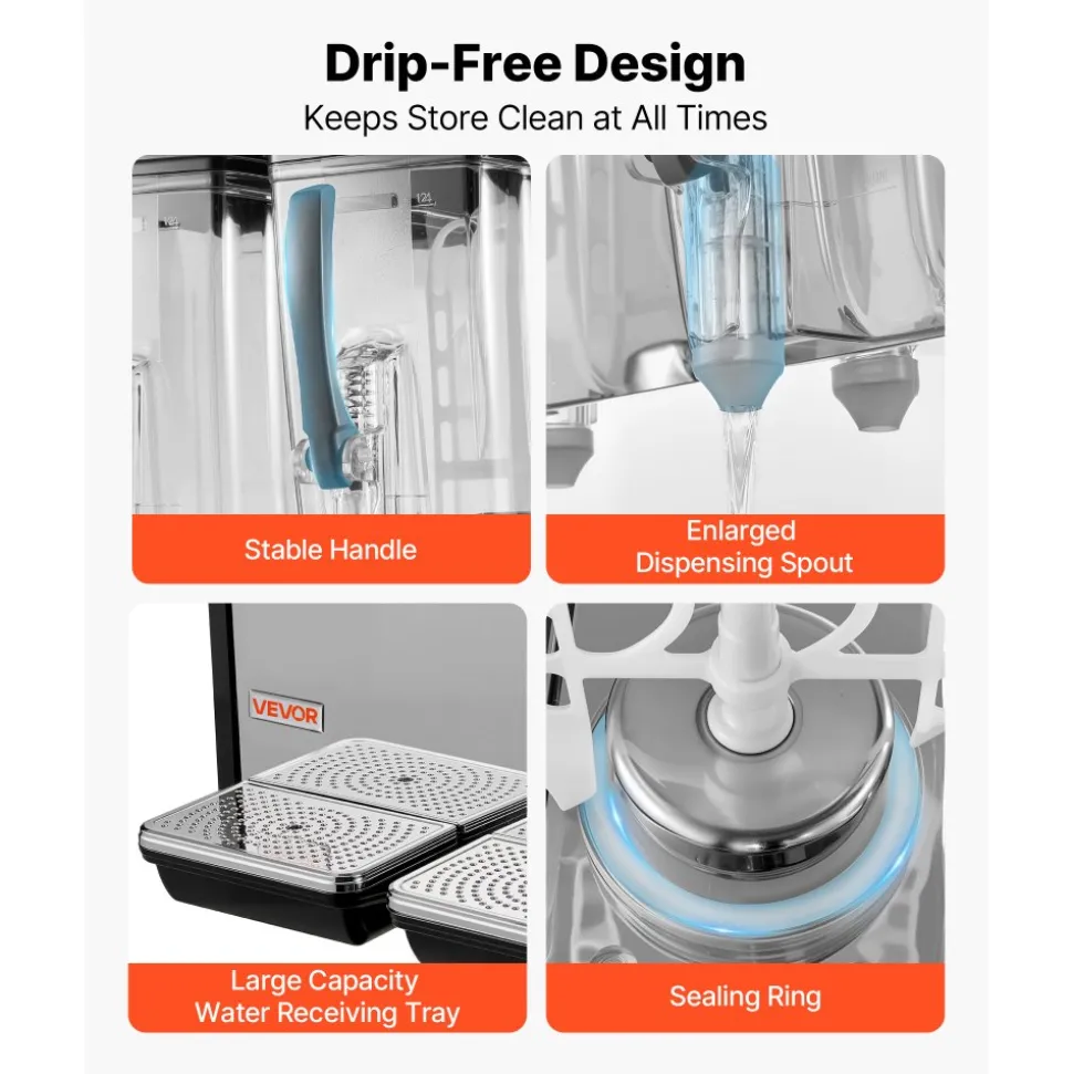 VEVOR Commercial Beverage Dispenser 3 Tanks 12 L / 12.7 QT Per Tank, Stainless Steel Juice Dispenser, Ice Tea Drink Machine with 45℉ to 54℉ Cooling Temperature, for Cold Drink Restaurant Bar Party