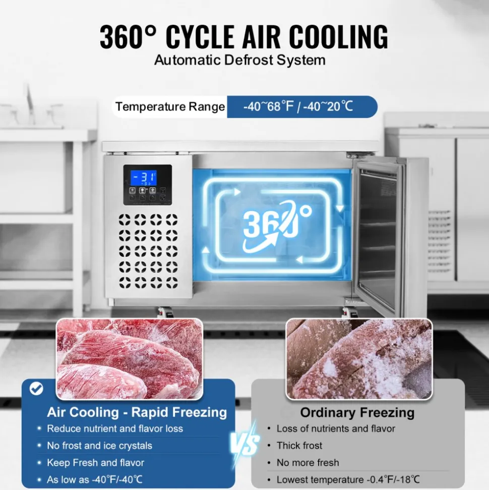 VEVOR Commercial Blast Freezer, 80 L / 2.8 Cu.ft Blast Chiller with 3 Trays, Blast Chiller Freezer Chest with 4 Freezing Modes, Stainless Steel Food Blast Freezer with Casters for Restaurant, Seafood