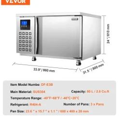 VEVOR Commercial Blast Freezer, 80 L / 2.8 Cu.ft Blast Chiller with 3 Trays, Blast Chiller Freezer Chest with 4 Freezing Modes, Stainless Steel Food Blast Freezer with Casters for Restaurant, Seafood