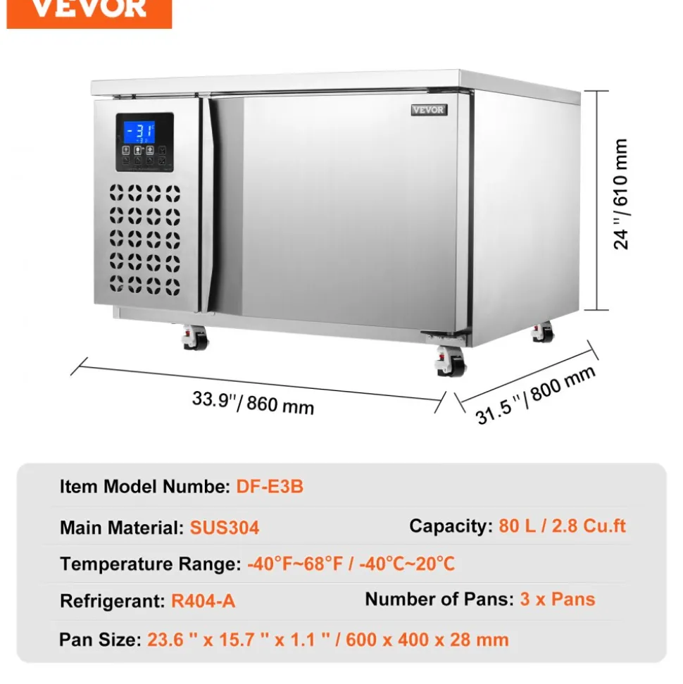 VEVOR Commercial Blast Freezer, 80 L / 2.8 Cu.ft Blast Chiller with 3 Trays, Blast Chiller Freezer Chest with 4 Freezing Modes, Stainless Steel Food Blast Freezer with Casters for Restaurant, Seafood