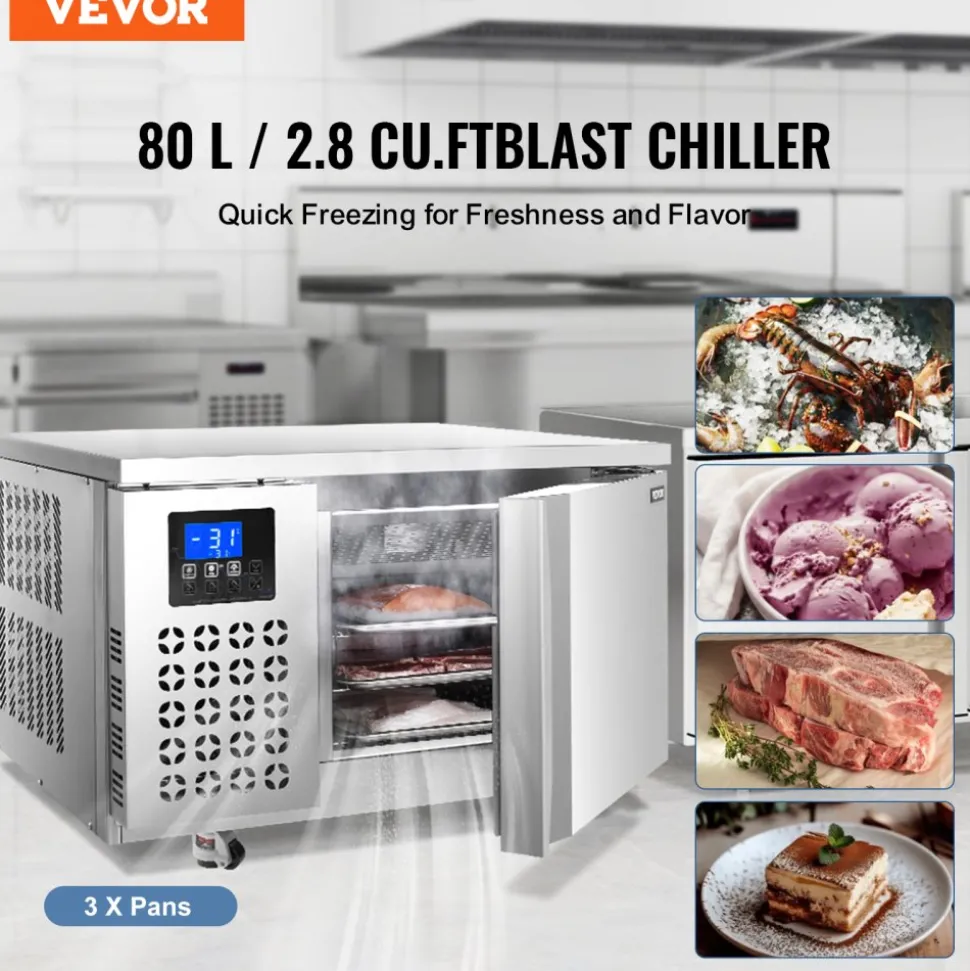 VEVOR Commercial Blast Freezer, 80 L / 2.8 Cu.ft Blast Chiller with 3 Trays, Blast Chiller Freezer Chest with 4 Freezing Modes, Stainless Steel Food Blast Freezer with Casters for Restaurant, Seafood