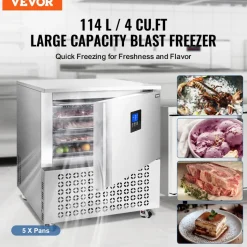 VEVOR Commercial Blast Freezer, 114 L / 4 Cu.ft Blast Chiller with 5 Trays, Blast Chiller Freezer Chest with 4 Freezing Modes, Stainless Steel Food Blast Freezer with Casters for Restaurant, Seafood