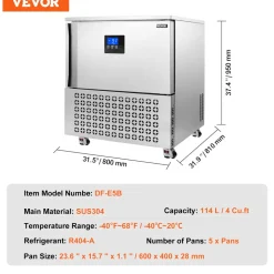 VEVOR Commercial Blast Freezer, 114 L / 4 Cu.ft Blast Chiller with 5 Trays, Blast Chiller Freezer Chest with 4 Freezing Modes, Stainless Steel Food Blast Freezer with Casters for Restaurant, Seafood