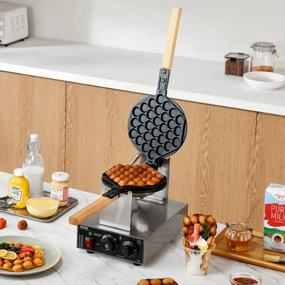 VEVOR Commercial Bubble Waffle Maker, 1400W Egg Pancake Baker Machine, Non-Stick Stainless Steel Egg Bubble Puff, 180° Rotatable, Temp and Time Control, Wooden Handle, for Restaurant Bakery Snack Bar