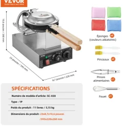 VEVOR Commercial Bubble Waffle Maker, 1400W Egg Pancake Baker Machine, Non-Stick Stainless Steel Egg Bubble Puff, 180° Rotatable, Temp and Time Control, Wooden Handle, for Restaurant Bakery Snack Bar