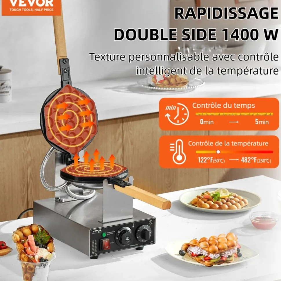 VEVOR Commercial Bubble Waffle Maker, 1400W Egg Pancake Baker Machine, Non-Stick Stainless Steel Egg Bubble Puff, 180° Rotatable, Temp and Time Control, Wooden Handle, for Restaurant Bakery Snack Bar