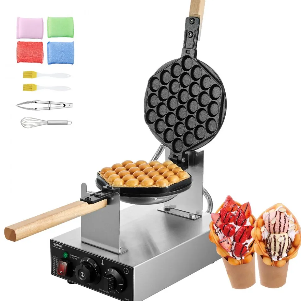 VEVOR Commercial Bubble Waffle Maker, 1400W Egg Pancake Baker Machine, Non-Stick Stainless Steel Egg Bubble Puff, 180° Rotatable, Temp and Time Control, Wooden Handle, for Restaurant Bakery Snack Bar