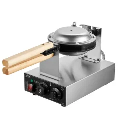 VEVOR Commercial Bubble Waffle Maker, 1400W Egg Pancake Baker Machine, Non-Stick Stainless Steel Egg Bubble Puff, 180° Rotatable, Temp and Time Control, Wooden Handle, for Restaurant Bakery Snack Bar