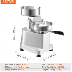 VEVOR Commercial Burger Patty Maker, 130mm/5inch Hamburger Beef Patty Maker, Heavy Duty Food-Grade Stainless Steel Bowl Burger Press Machine, Kitchen Meat Forming Processor with 1000 Pcs Patty Papers