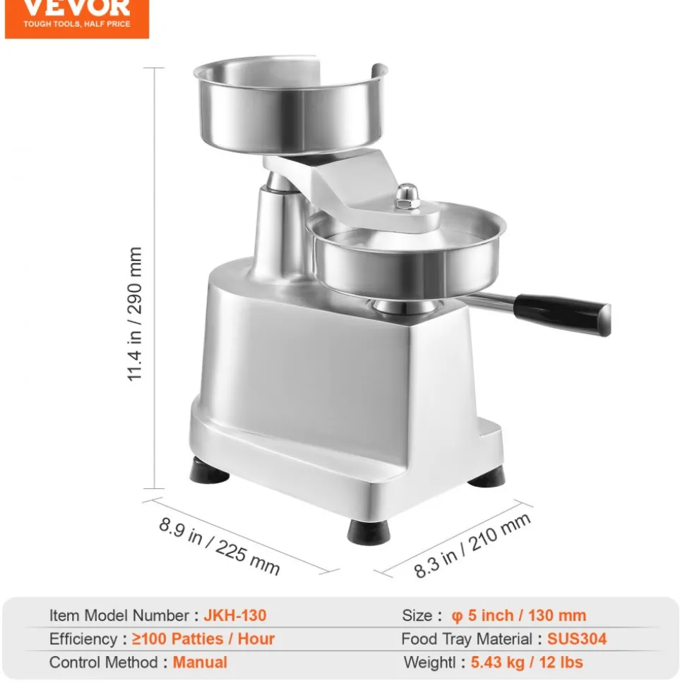 VEVOR Commercial Burger Patty Maker, 130mm/5inch Hamburger Beef Patty Maker, Heavy Duty Food-Grade Stainless Steel Bowl Burger Press Machine, Kitchen Meat Forming Processor with 1000 Pcs Patty Papers