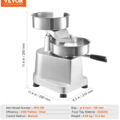VEVOR Commercial Burger Patty Maker, 150mm/6inch Hamburger Beef Patty Maker, Heavy Duty Food-Grade Stainless Steel Bowl Burger Press Machine, Kitchen Meat Forming Processor with 1000 Pcs Patty Papers