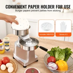 VEVOR Commercial Burger Patty Maker, 150mm/6inch Hamburger Beef Patty Maker, Heavy Duty Food-Grade Stainless Steel Bowl Burger Press Machine, Kitchen Meat Forming Processor with 1000 Pcs Patty Papers