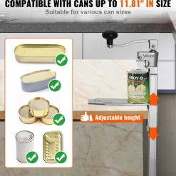 VEVOR Commercial Can Opener, Heavy-Duty Manual Tabletop Cans Opener for Cans Up to 11.8 in Height, Height-Adjustable Professional Can Openers with Stainless Steel Blade, for Restaurant & Food Store