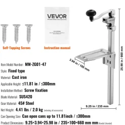 VEVOR Commercial Can Opener, Heavy-Duty Manual Tabletop Cans Opener for Cans Up to 11.8 in Height, Height-Adjustable Professional Can Openers with Stainless Steel Blade, for Restaurant & Food Store