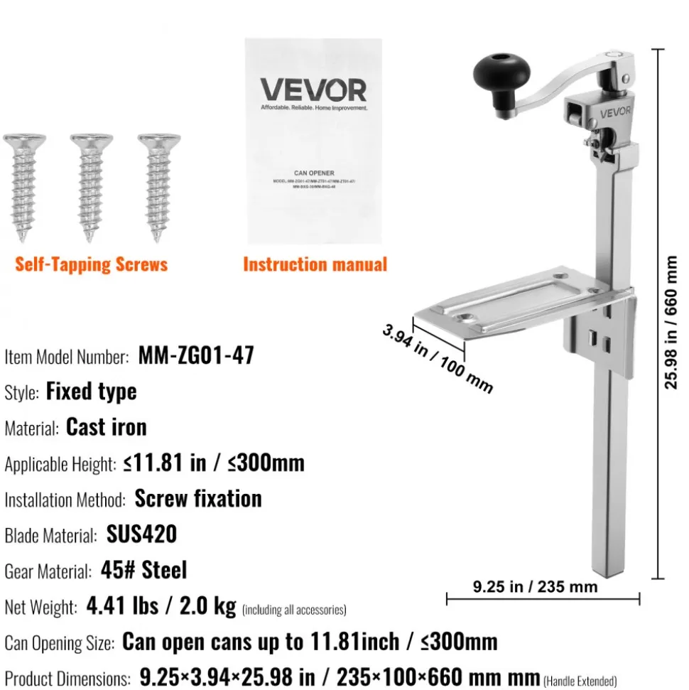 VEVOR Commercial Can Opener, Heavy-Duty Manual Tabletop Cans Opener for Cans Up to 11.8 in Height, Height-Adjustable Professional Can Openers with Stainless Steel Blade, for Restaurant & Food Store