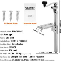 VEVOR Commercial Can Opener, Heavy-Duty Manual Tabletop Cans Opener for Cans Up to 11.8 in Height, Height-Adjustable Professional Can Openers Fixed with Screws, for Restaurant, Hotel, and Food Store