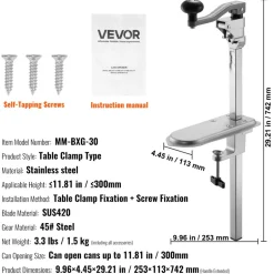 VEVOR Commercial Can Opener, Heavy-Duty Manual Tabletop Cans Opener for Cans Up to 11.8 in Height, Height-Adjustable Can Openers Fixed with Screws & Table Clamp, for Restaurant, Hotel, and Food Store