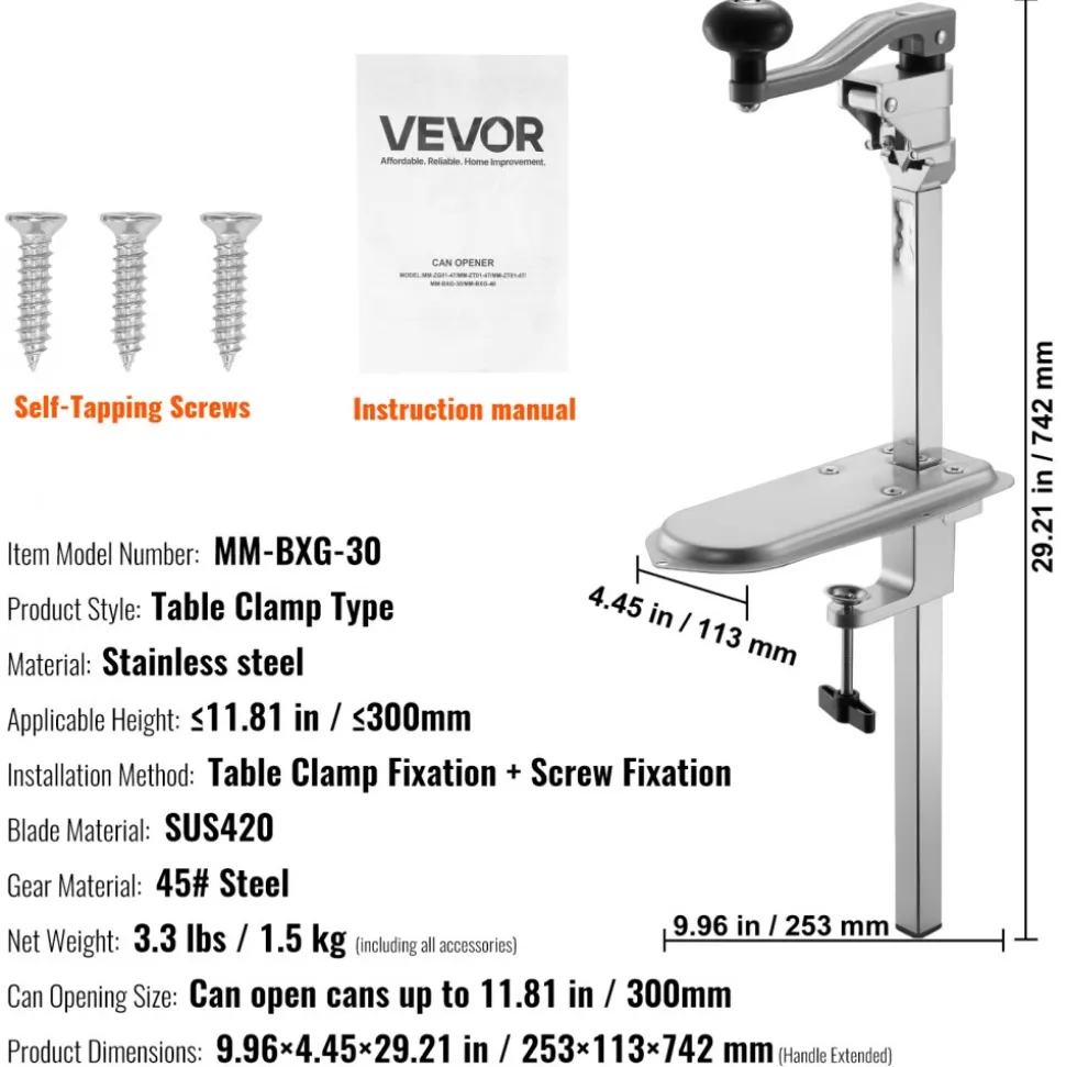VEVOR Commercial Can Opener, Heavy-Duty Manual Tabletop Cans Opener for Cans Up to 11.8 in Height, Height-Adjustable Can Openers Fixed with Screws & Table Clamp, for Restaurant, Hotel, and Food Store