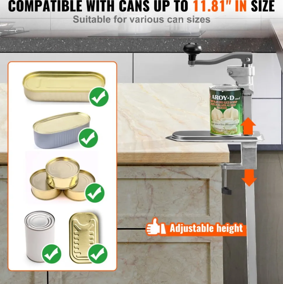 VEVOR Commercial Can Opener, Heavy-Duty Manual Tabletop Cans Opener for Cans Up to 11.8 in Height, Height-Adjustable Can Openers Fixed with Screws & Table Clamp, for Restaurant, Hotel, and Food Store
