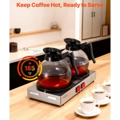 VEVOR Commercial Coffee Decanter Warm Plate, 80W x 2 Coffee-Carafe Warmer, Dual Warming Plates with Independent Control, Fits 1.8L Standard Glass Decanter, for Coffee Shop, Home, Office & Restaurant