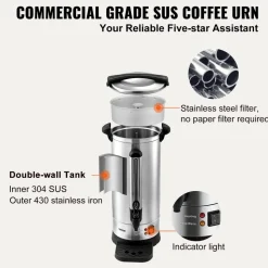 VEVOR Commercial Coffee Urn, 110 Cups Stainless Steel Large Coffee Dispenser, 1500W 110V Electric Coffee Maker Urn For Quick Brewing, Hot Water Urn with Detachable Power Cord for Easy Cleaning, Silver