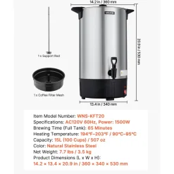 VEVOR Commercial Coffee Urn, 100 Cup 15 L Hot Beverage Dispenser with Dripless Faucet, Quick-Brewing Stainless Steel Large Commercial Coffee Maker, for Catering, Business, Party, Church & Restaurant