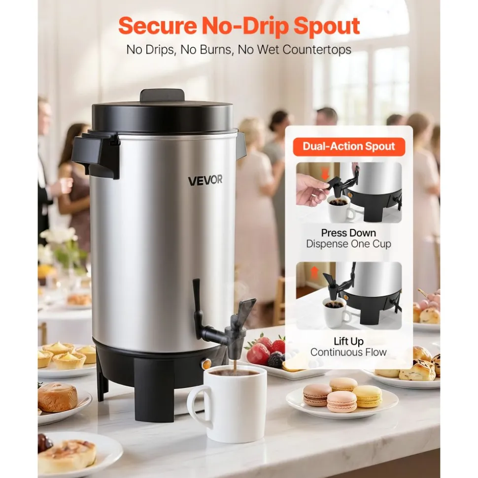 VEVOR Commercial Coffee Urn, 40 Cup 203oz Hot Beverage Dispenser with Dripless Faucet, 1090W Quick-Brewing Coffee Maker, Automatic Temperature Control, for Catering, Party, Church & Restaurant