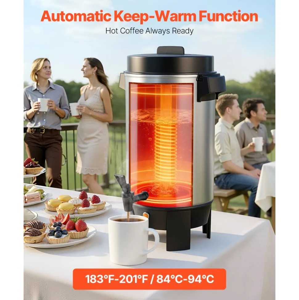 VEVOR Commercial Coffee Urn, 40 Cup 203oz Hot Beverage Dispenser with Dripless Faucet, 1090W Quick-Brewing Coffee Maker, Automatic Temperature Control, for Catering, Party, Church & Restaurant